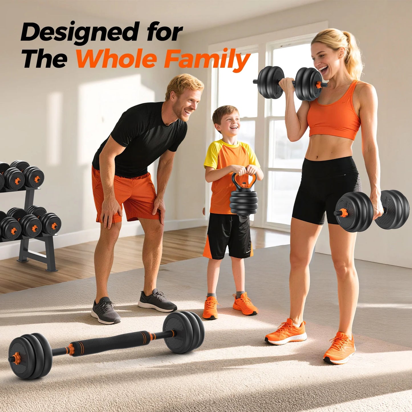 Adjustable Dumbbell Set,50Lb Free Weight Set with Connector Bar,5 in 1 Workout Gear with Dumbbell,Kettlebell,Barbell,Push up Handle,Weight Plate,For Home Gym Fitness Exercise