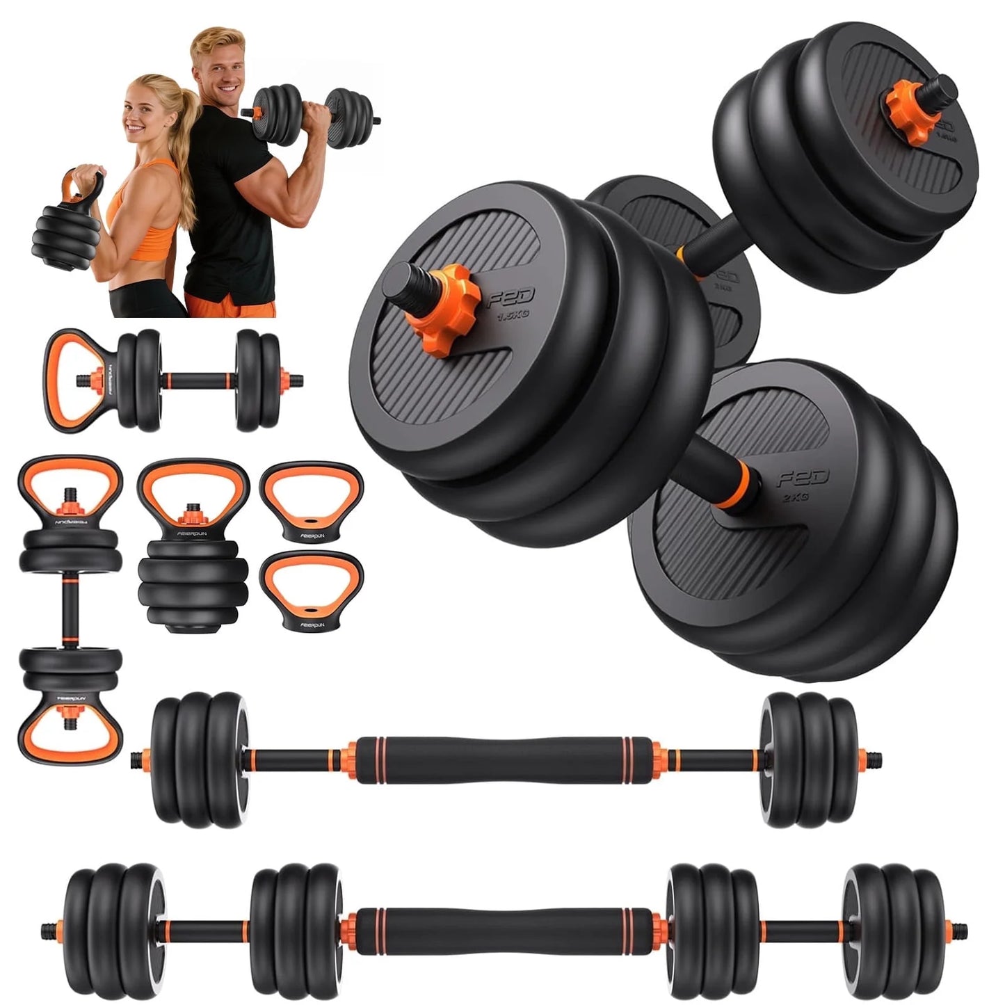 Adjustable Dumbbell Set,50Lb Free Weight Set with Connector Bar,5 in 1 Workout Gear with Dumbbell,Kettlebell,Barbell,Push up Handle,Weight Plate,For Home Gym Fitness Exercise