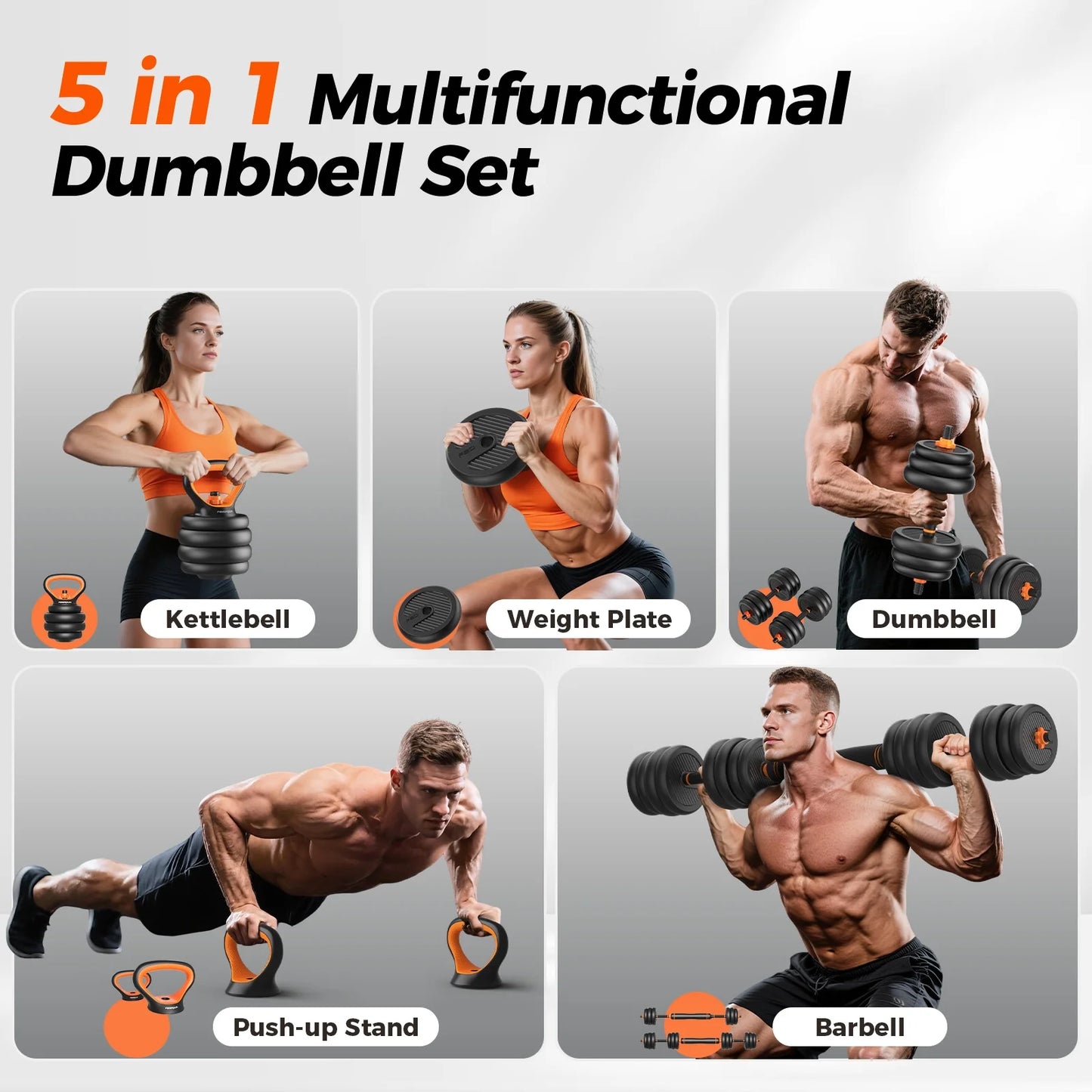 Adjustable Dumbbell Set,50Lb Free Weight Set with Connector Bar,5 in 1 Workout Gear with Dumbbell,Kettlebell,Barbell,Push up Handle,Weight Plate,For Home Gym Fitness Exercise